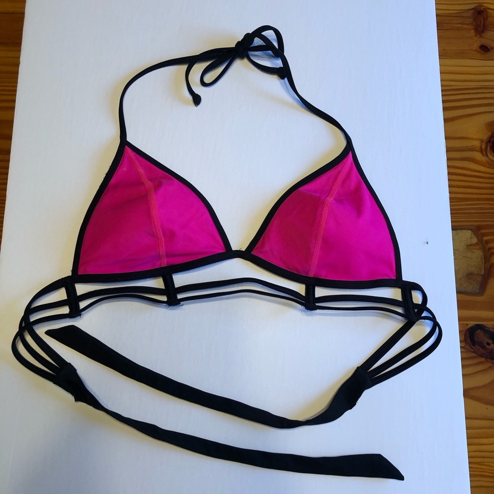 Victoria’s Secret PINK Bikini Top, Caged Torso, Size L Bright Pink and Black